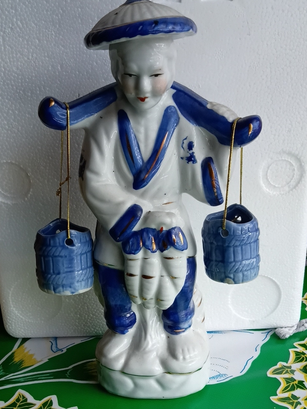 Vintage Blue and White Porcelain Figurine with Hanging Buckets - Home Art
